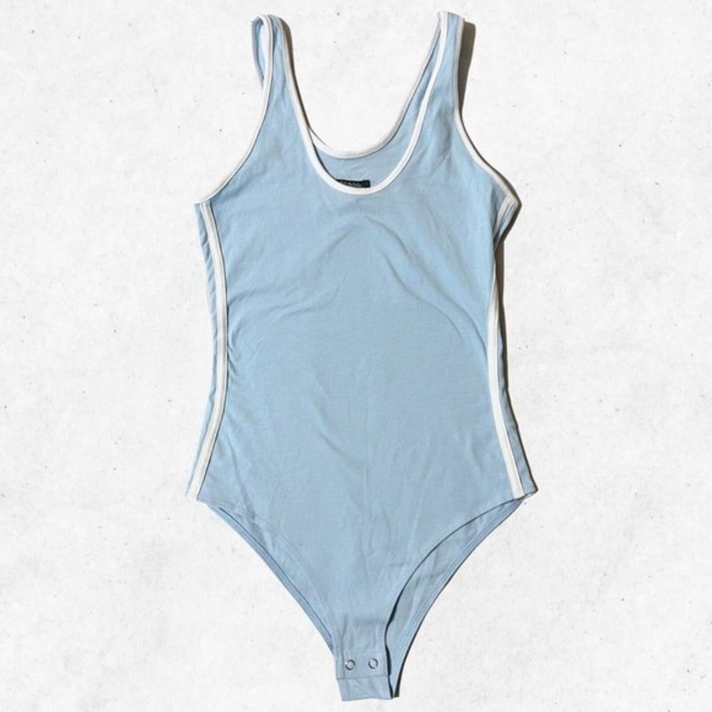 Wild Fable Women's Size XS Tank Top‎ Bodysuit Blue Track Stripes Gusset Buttons